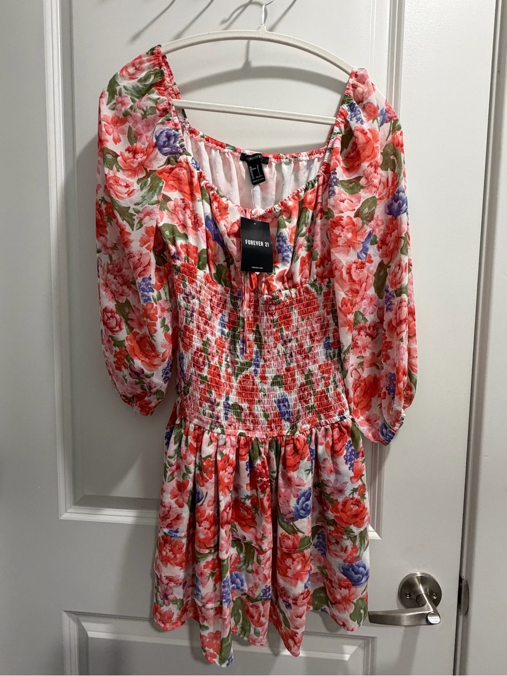 Forever 21 Floral Puff-Sleeve Dress in Pink, Red, Purple